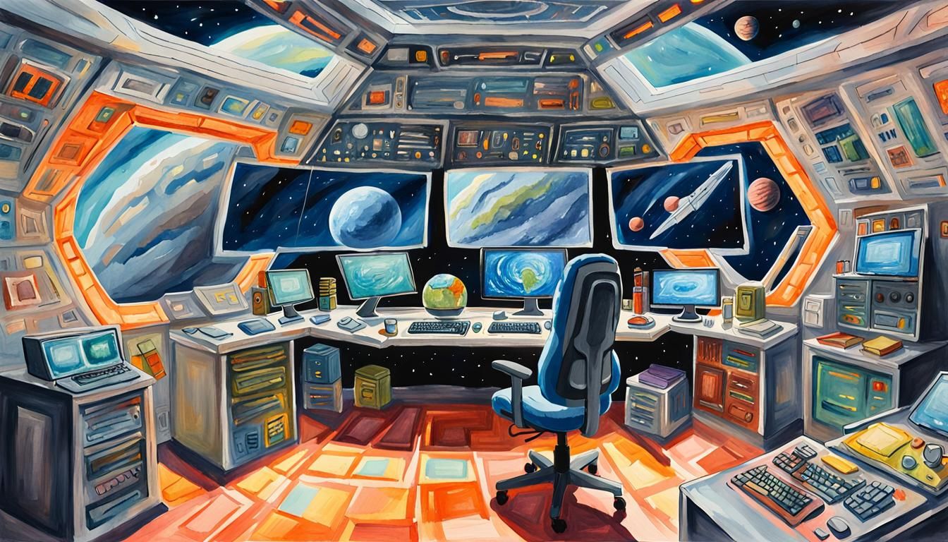 Epic Gaming Setup on Spaceship, Gouache and Watercolor Style