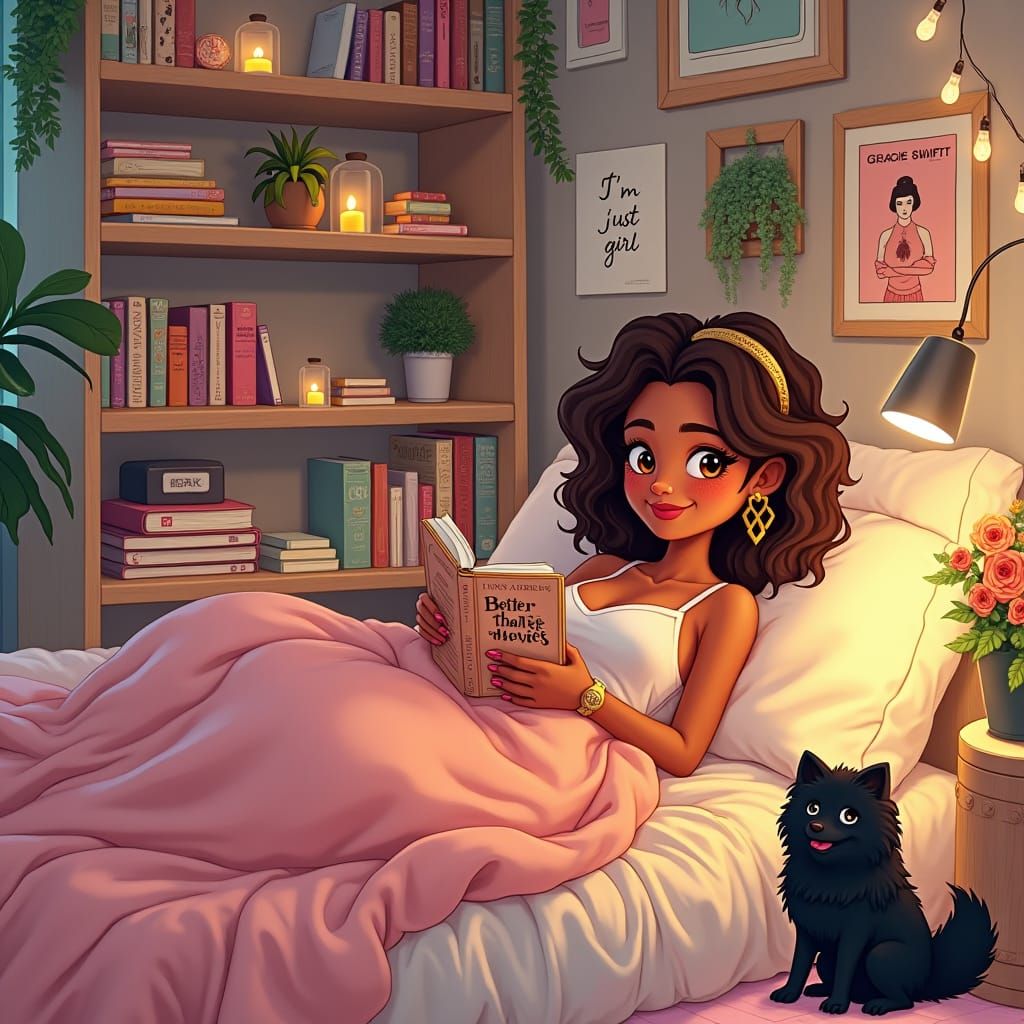 Cozy Cartoon Girl Reading in Girly Bedroom