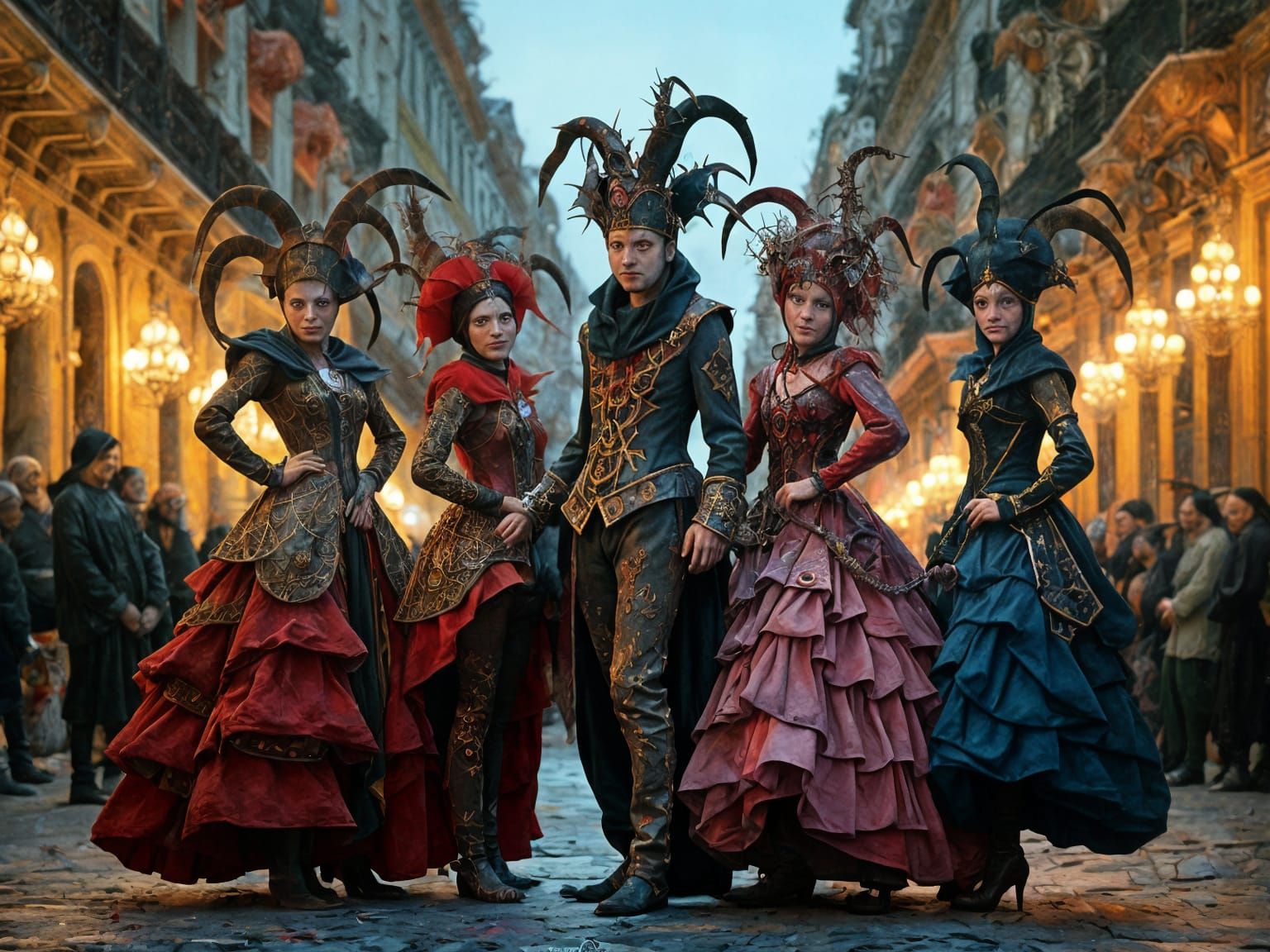 Ethereal Harlequin Masquerade in Golden Dusk