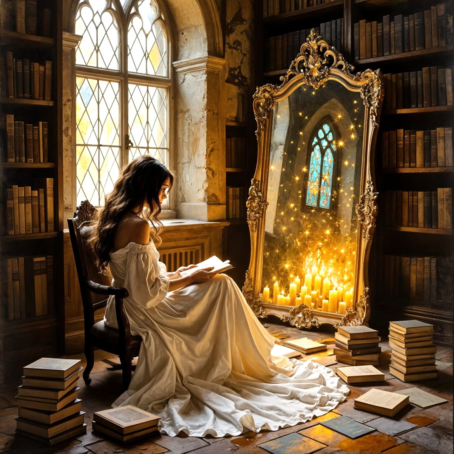 Candlelit Study Portal to Abandoned Cathedral, Romantic Fine...