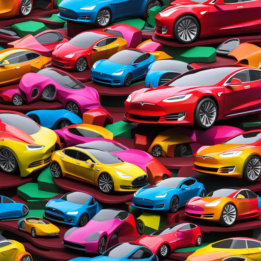 Playful Colorful Tesla Car with Graffiti Architecture