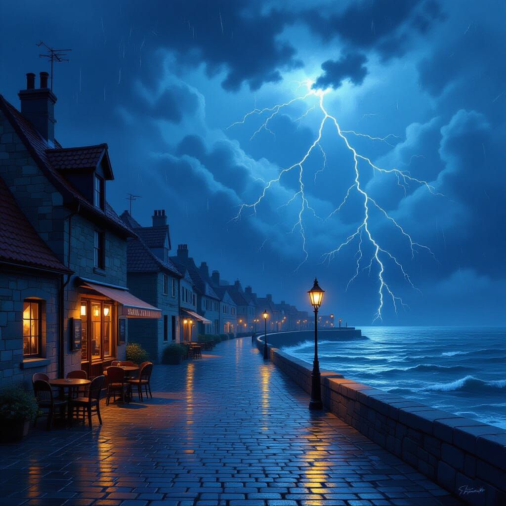 Stormy Seaside Village in Impressionistic Style