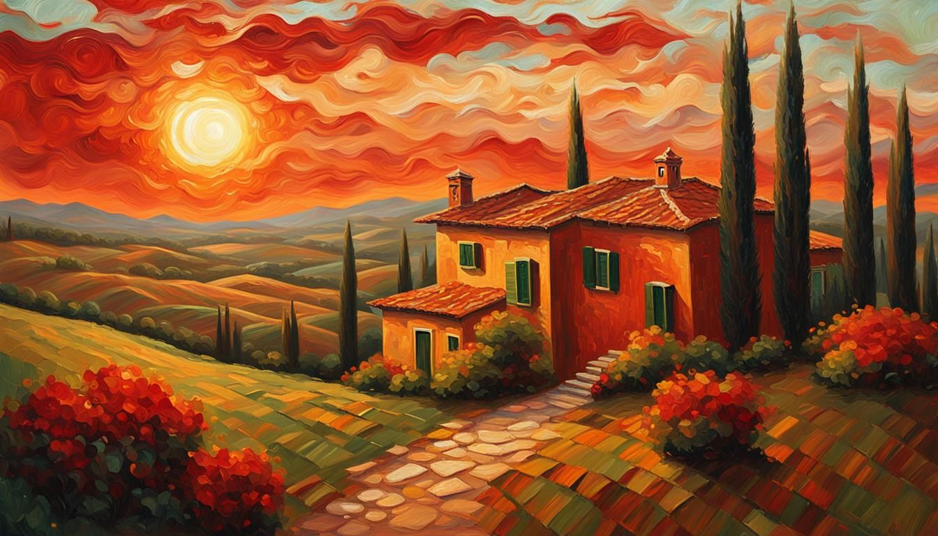 Tuscan Sunset Villa in Impasto Oil Painting Style