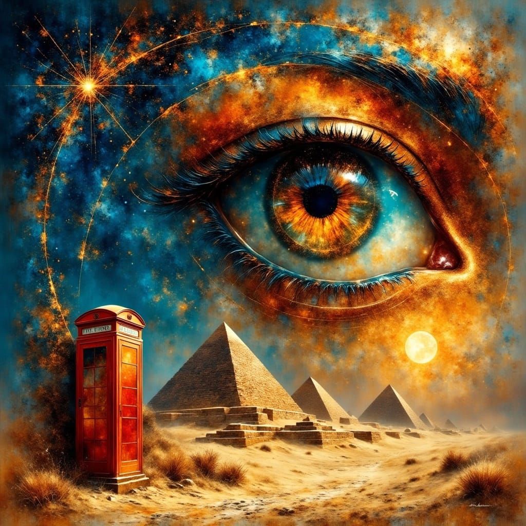 Eye of Ra in Cosmic Evening Sky with Pyramid Reflection