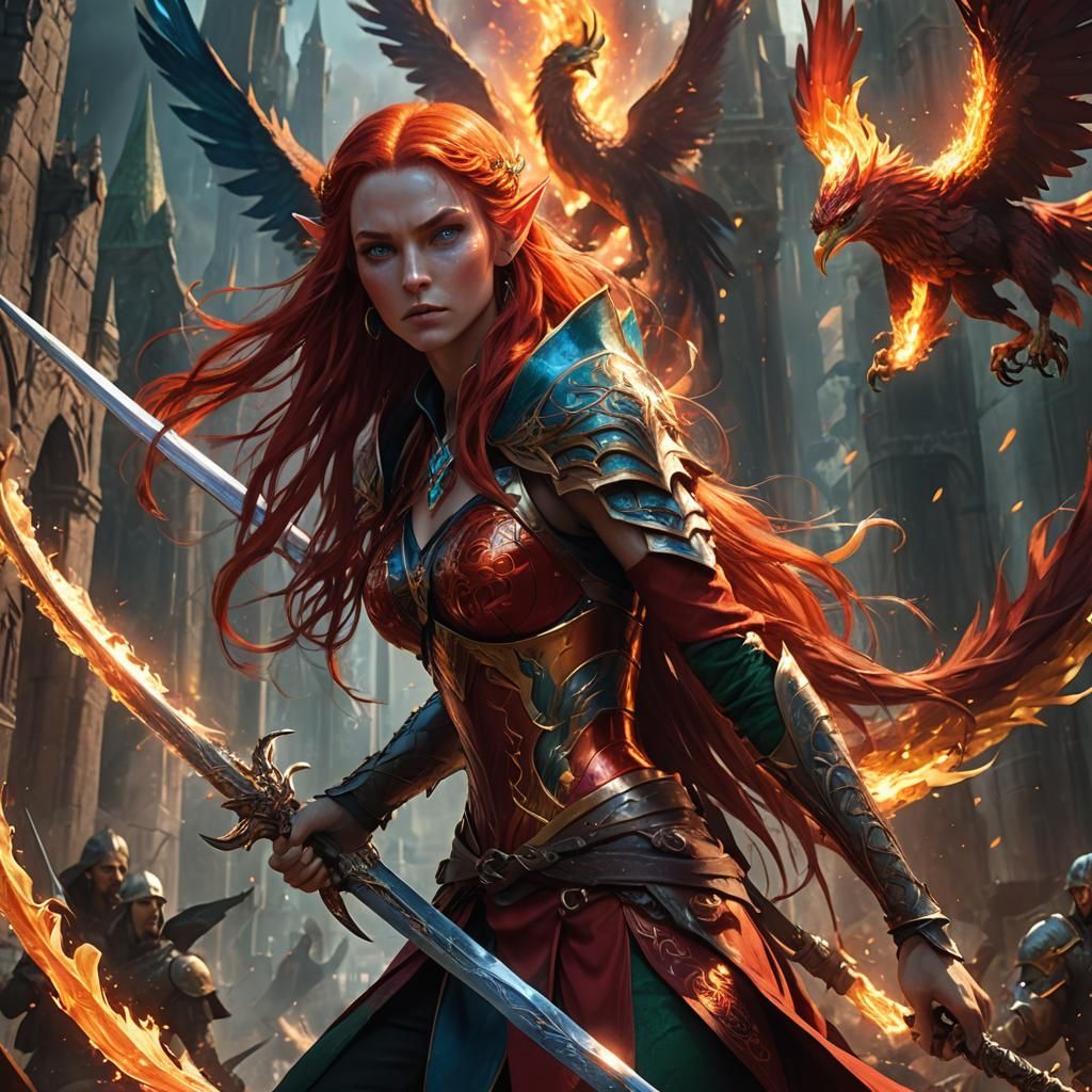 A tall female elf with very long red hair, blue eyes,wearing...