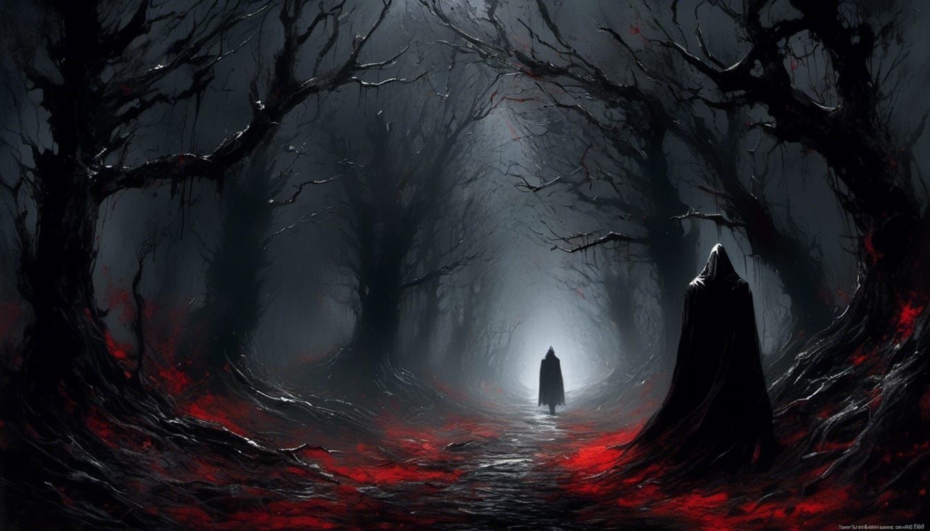 Ominous Forest: Hooded Figure Stalks Man on Dark Path