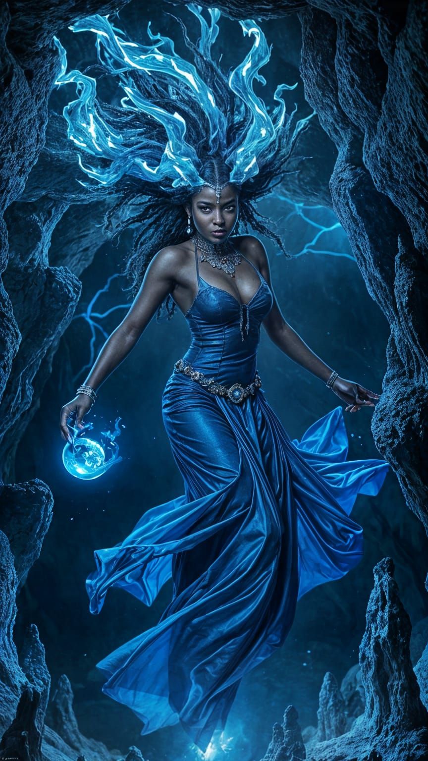 Majestic Nigerian Fire Spirit Goddess in Blazing Blue Flames