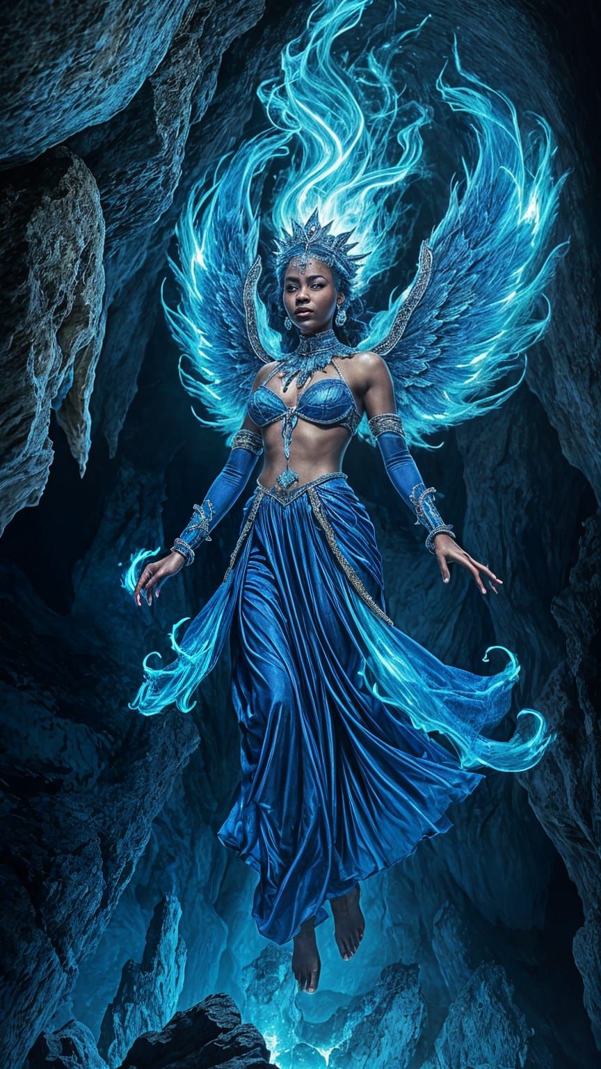 A Female Fire Spirit in a Cave of Blazing Blue Flames