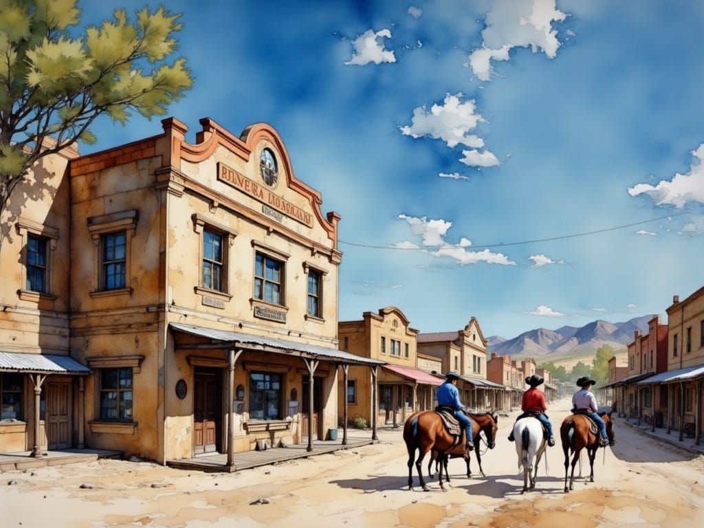 Desert Town with Cowboys and Outlaws in Watercolor Style