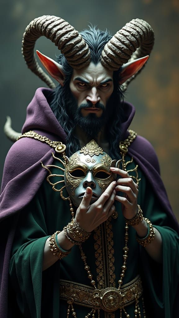 Eldritch Satyr in Sorcerer Robes, Majestic Portrait with Mas...