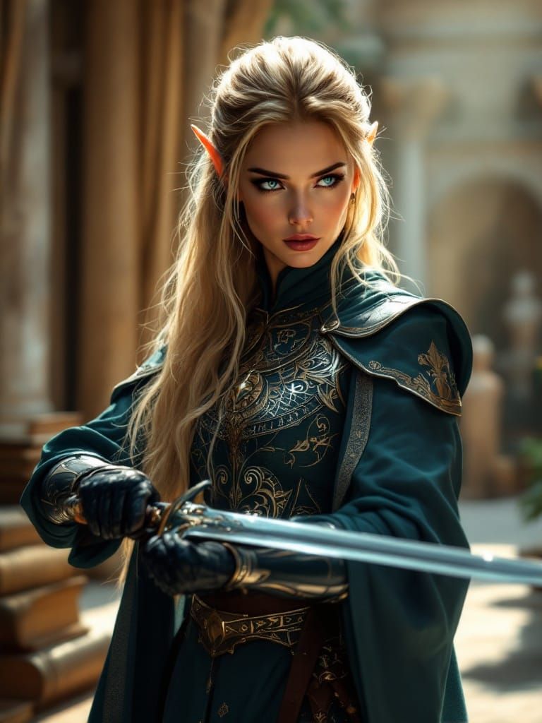 Regal Elf Warrior in Epic Fantasy Setting