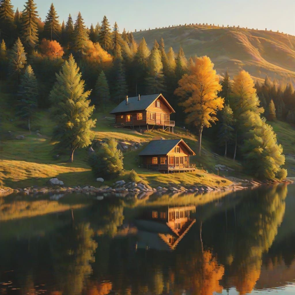 Cabin on Hill Above Lake at Dusk as Oil Painting