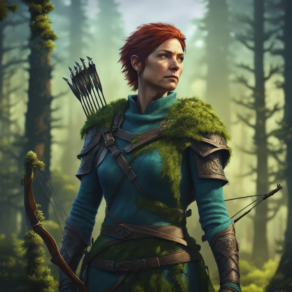 Mature Female Archer in Vibrant Oil Painting Style