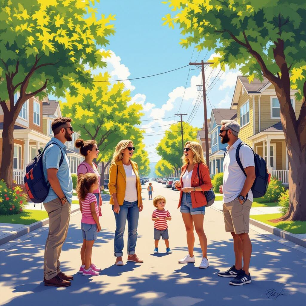 Sunny Suburban Scene With Laughing Adults and Playing Childr...