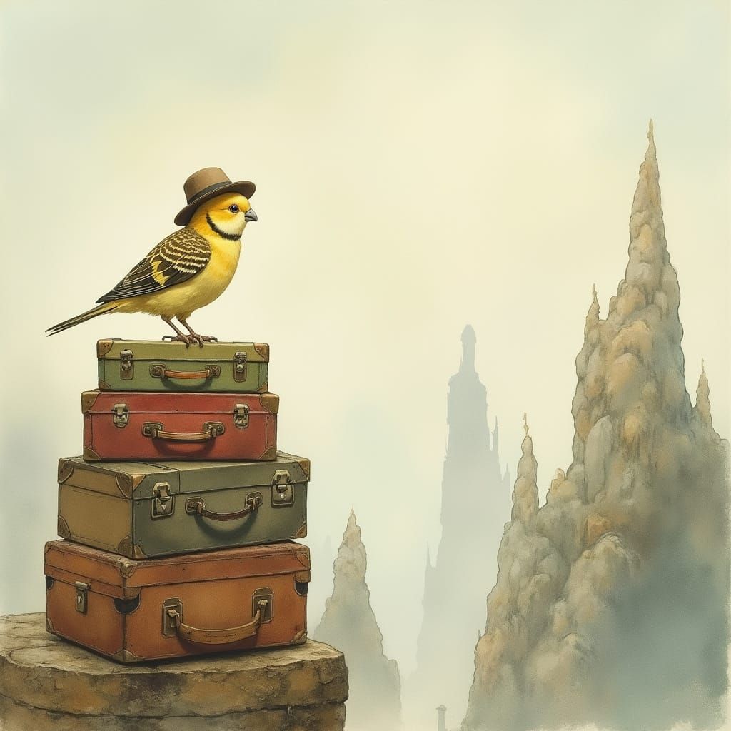 Budgie in Tiny Hat Overlooking Dreamlike Landscape