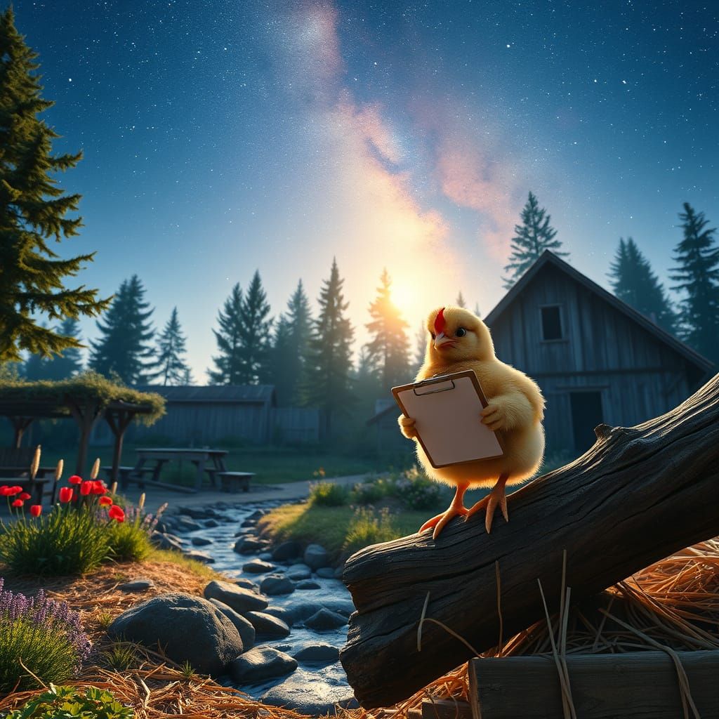 Grumpy Chick Manages Farm Under Milky Way