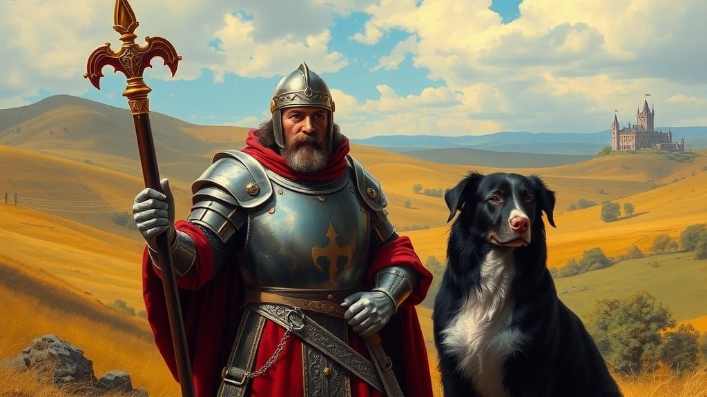 Sir Lancelot and Briard in Pre-Raphaelite Landscape