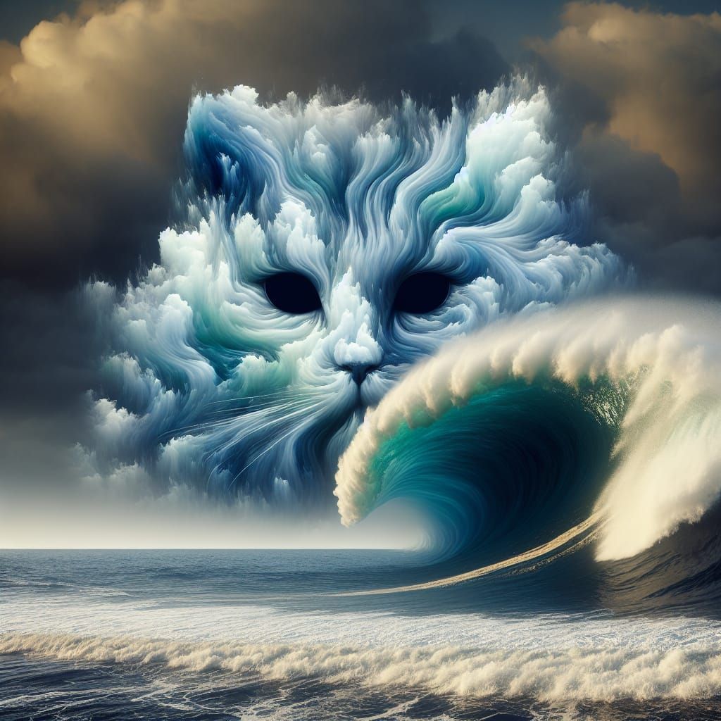 Fantasy Cat Apparition Emerges from Ocean Wave