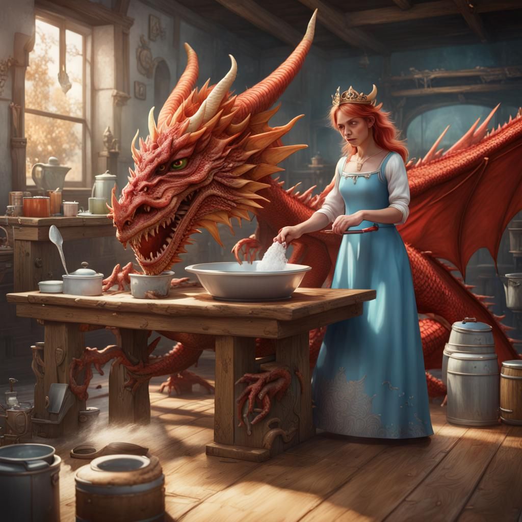 Princess and Dragon Washing Dishes, Fantasy Art