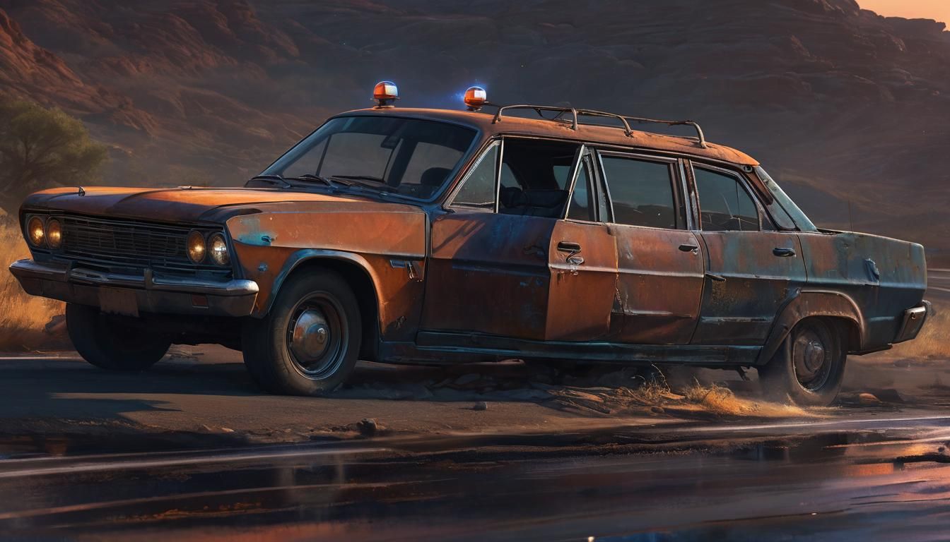 Sci-Fi Car Speeds Down Deserted Highway at Sunset