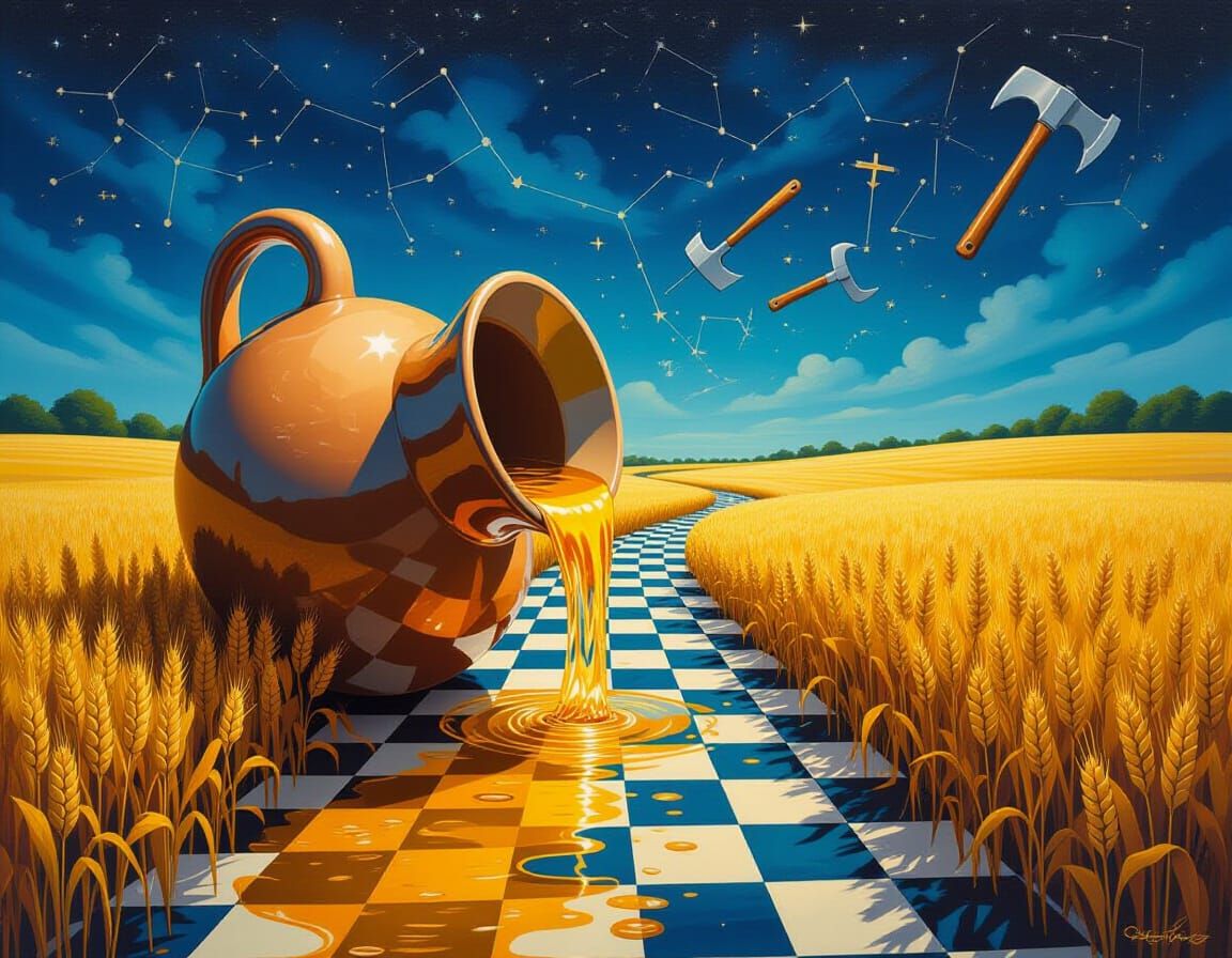 Surreal Autumn Landscape With Giant Jug Spilling Sunlight