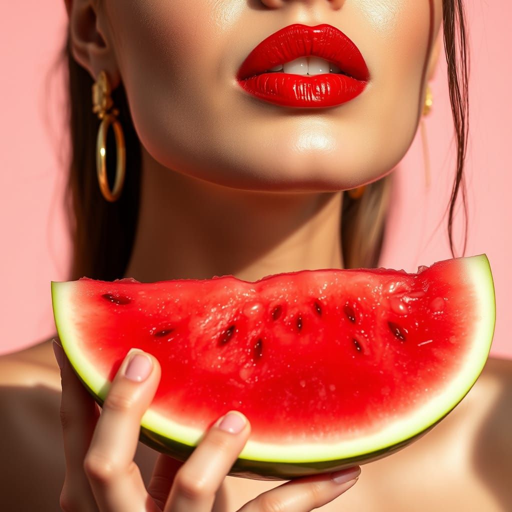 Glossy Watermelon and Elegant Model in Luxury Beauty Ad Styl...