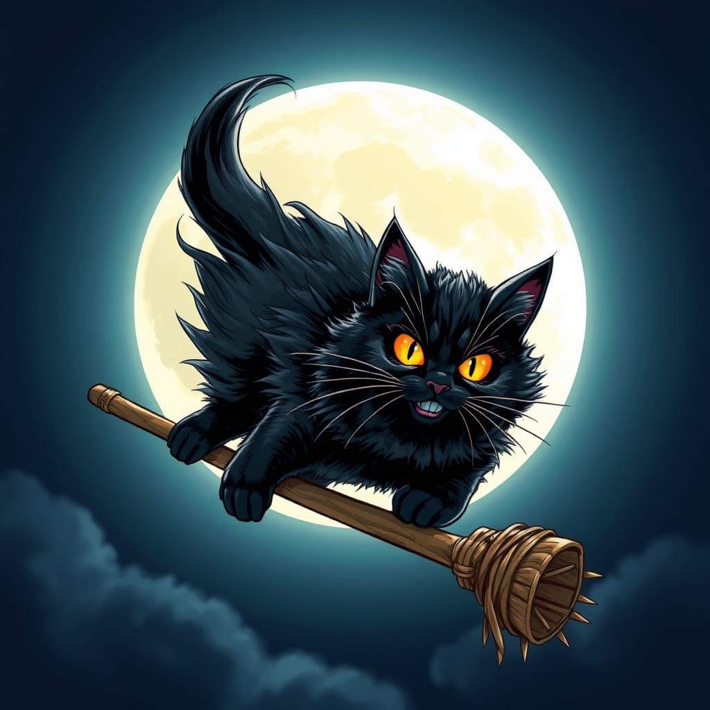 Black Cat Soaring on Broomstick, Comic Book Art