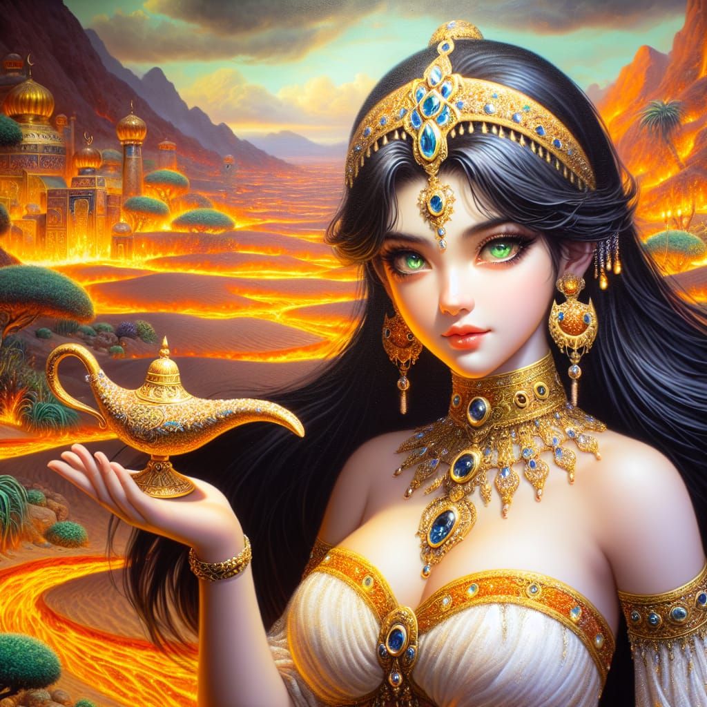 Beautiful Genie Woman in Desert Oasis