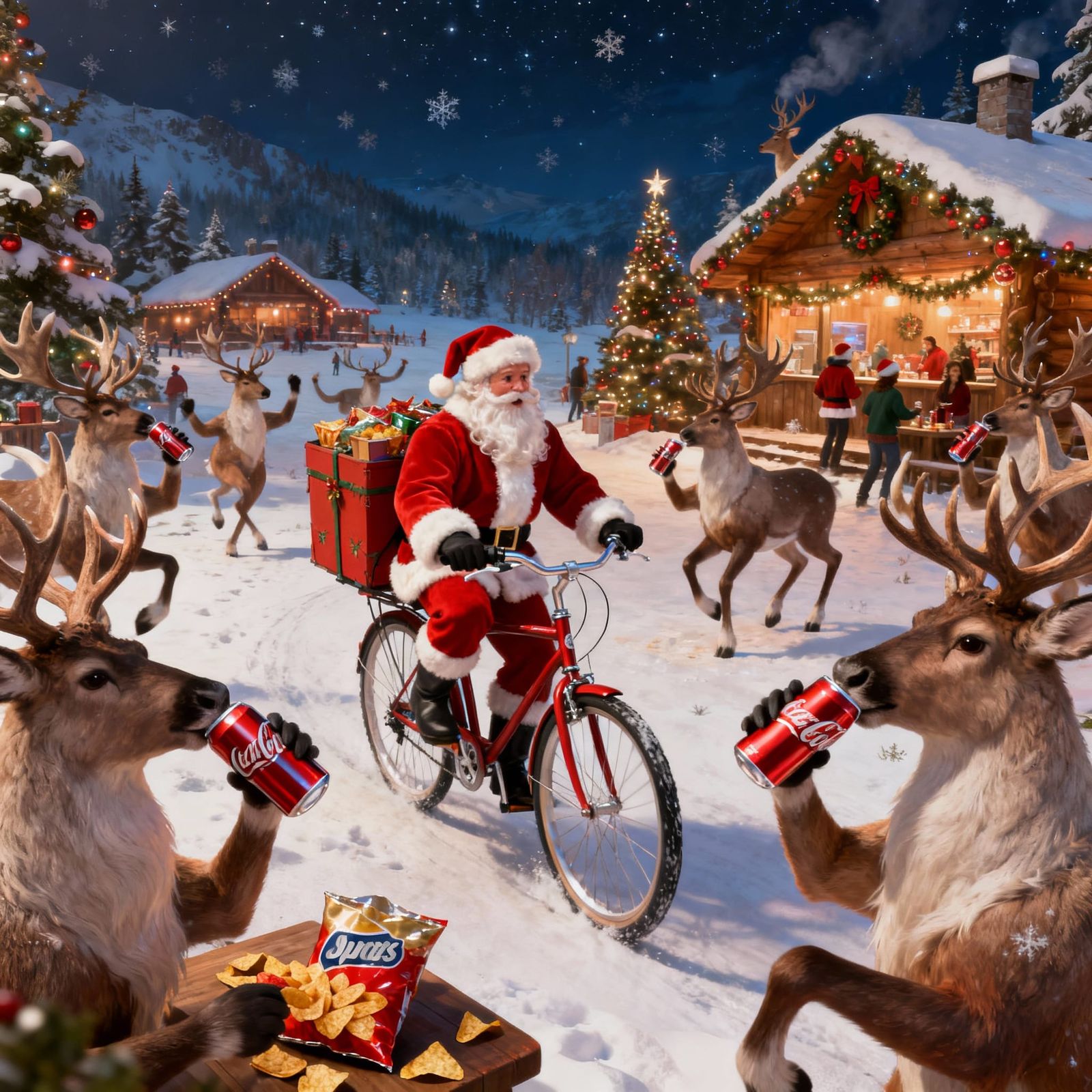 The Raindeer are all at the Raindeer retreat. Santa took a bicycle out to deliver Christmas. The Raindeer are all drinki...