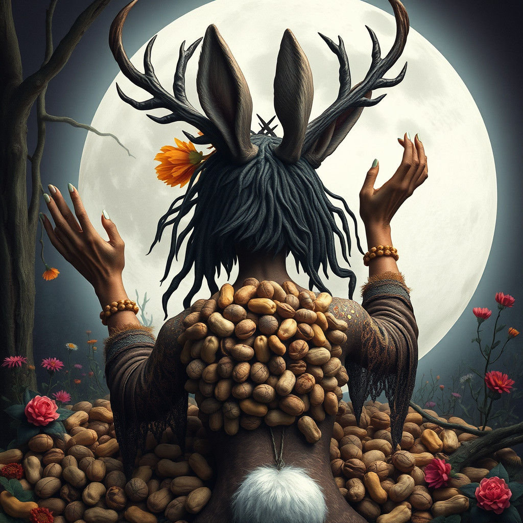 Antlered Witch in Woodland, Surrealist-Inspired Image