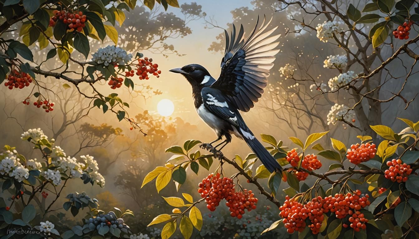 Magpie at Sunrise on Viburnum Tree