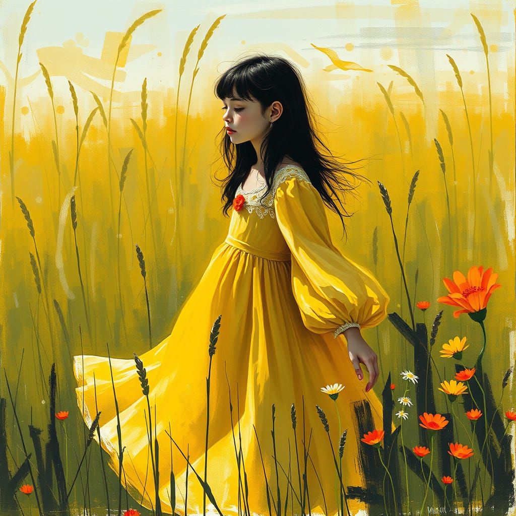 Girl in Yellow Dress: Expressive Brushstroke Art