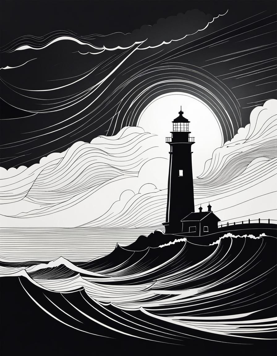 Minimalist Line Art Lighthouse Against Storm