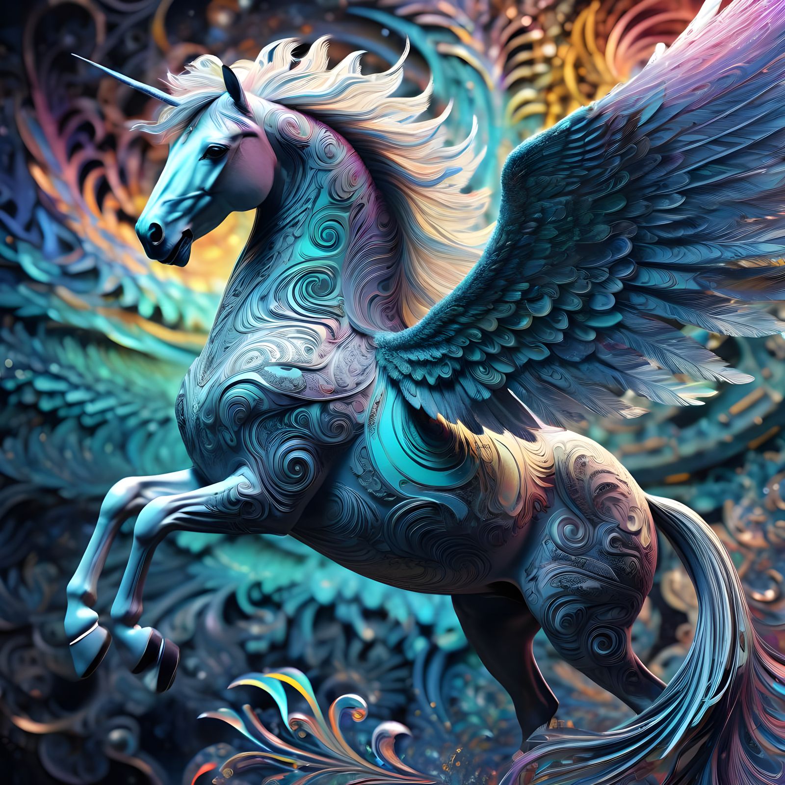 Ethereal Flying Horse in Abstract Fractal Landscape