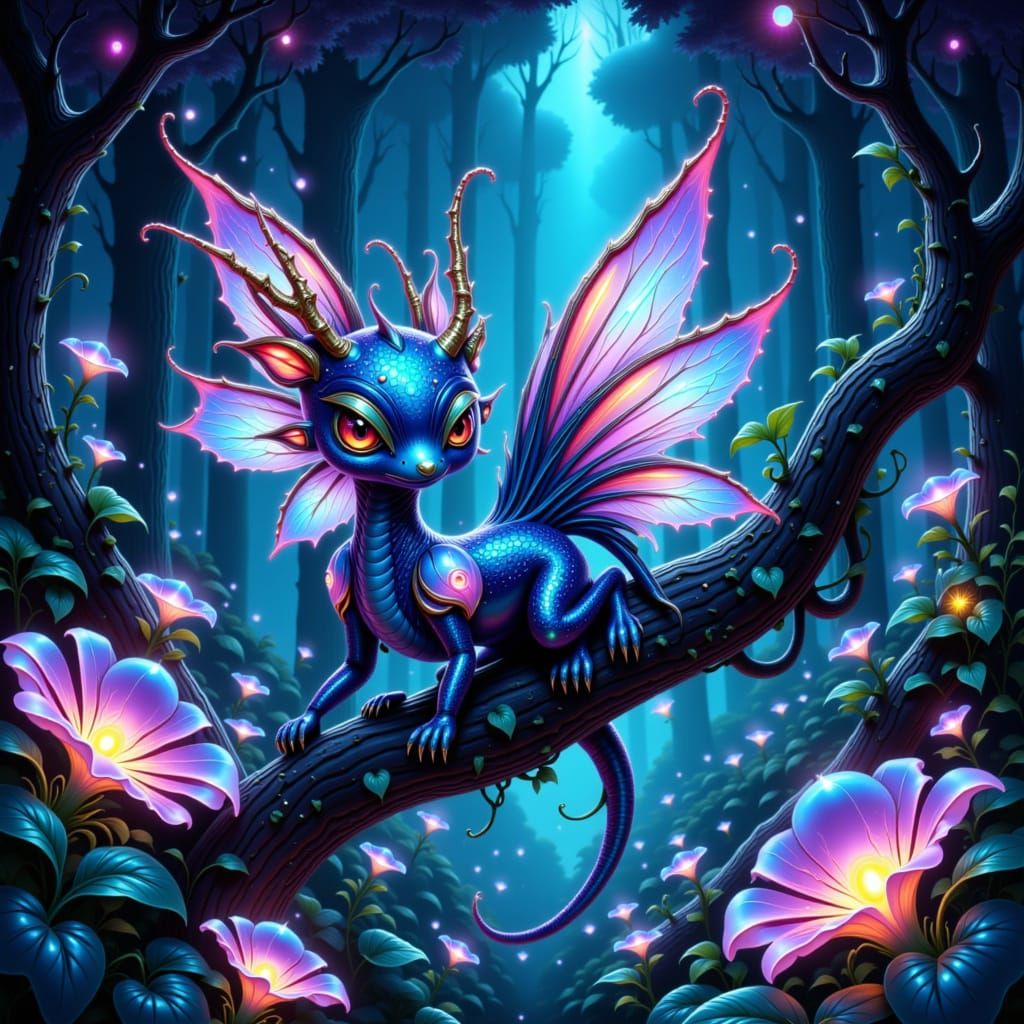 Bioluminescent Creature with Holographic Scales in Alien For...