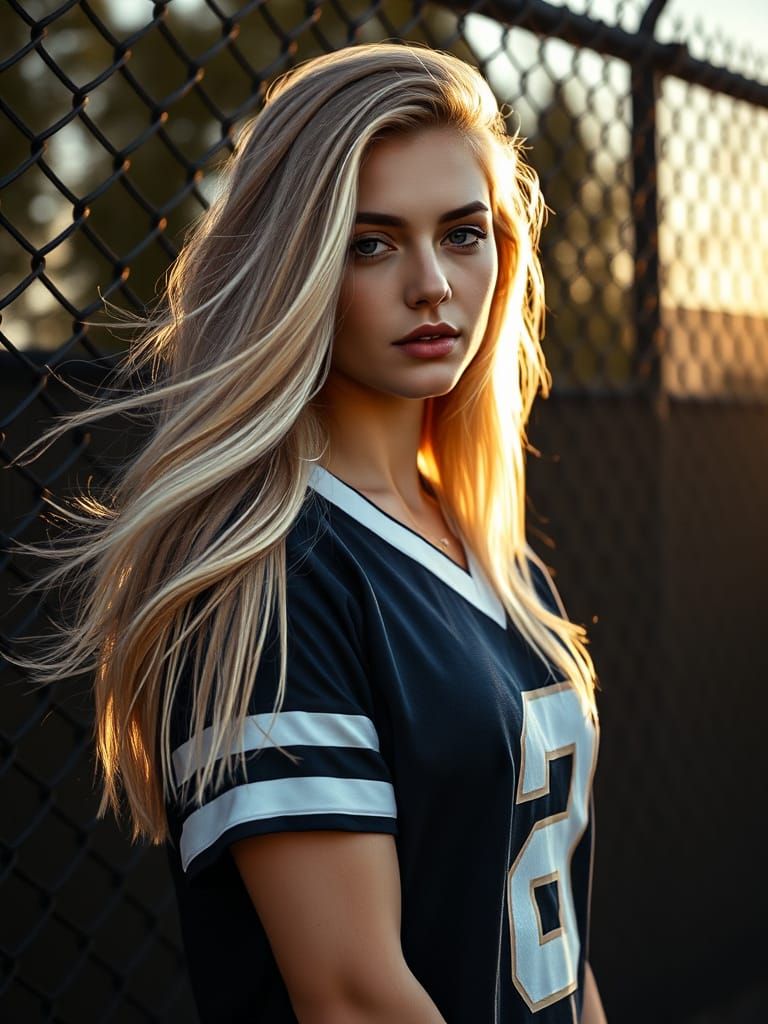 Confident Woman in Jersey with Chain-Link Fence