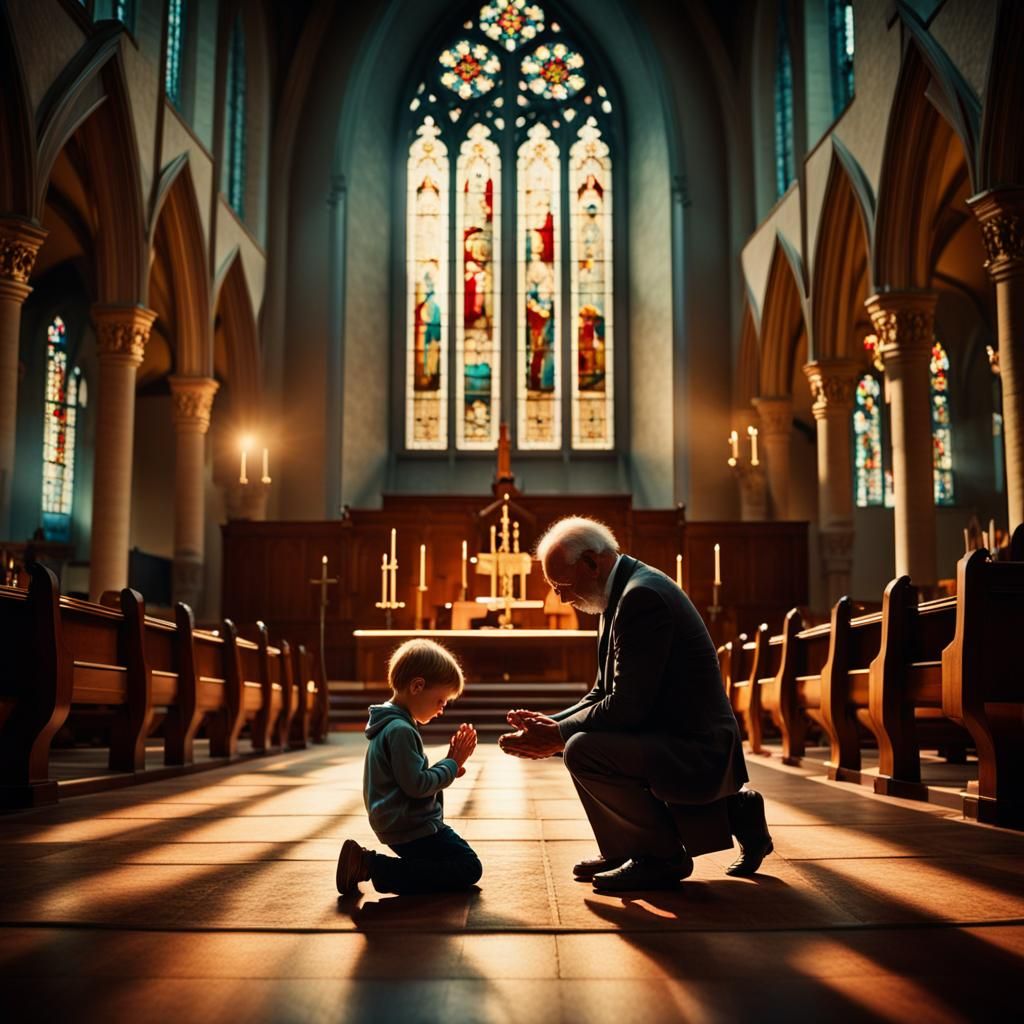 Child and Grandfather in Prayers, Cinematic Church Scene