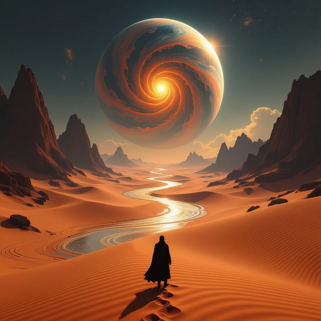 Lone Figure on Alien Desert Under Psychedelic Planet