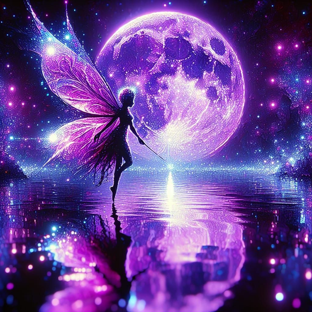 Fairy Silhouette Under Purple Moon: Impressionist Concept Ar...