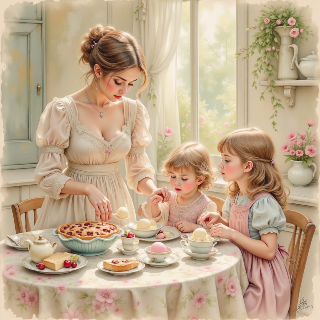 Cozy Children Enjoy Cherry Pie in Soft Pastel Style