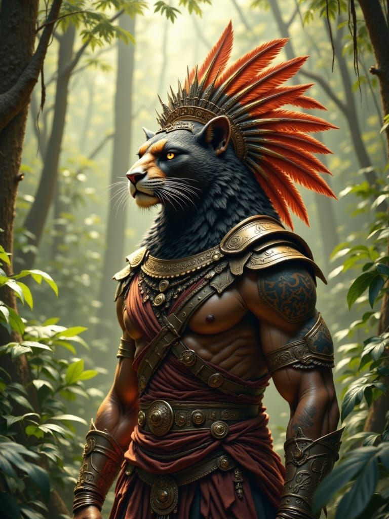 Aztec Jaguar Warrior in Lush Jungle, 3D Anime Style