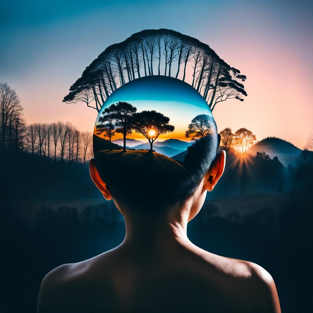 Surreal Double Exposure: Mind Blends with Cosmos