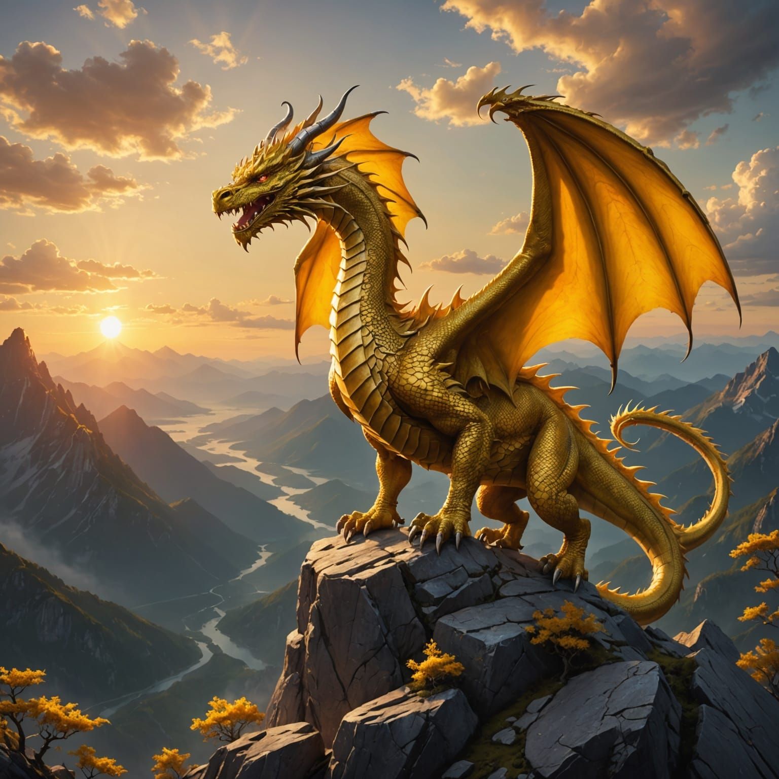 Yellow Dragon Perched Atop Mountain at Sunset