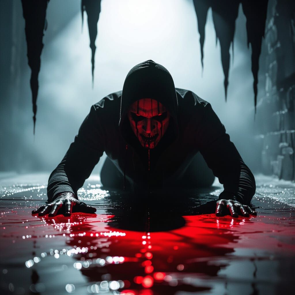 Shadowy Faceless Figure in Red Light Horror Scene