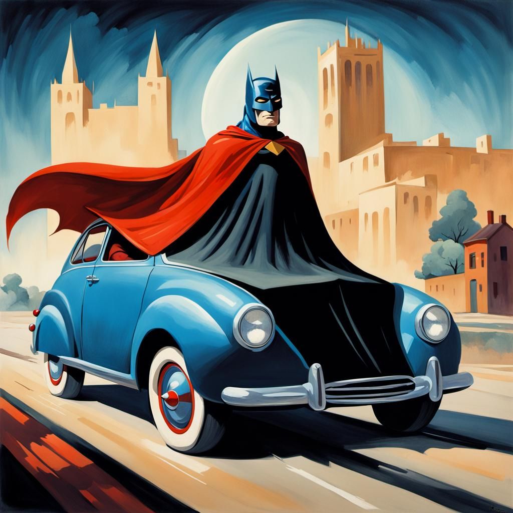 Anthropomorphic Car Wearing Tights and A Cape Like a Superhero