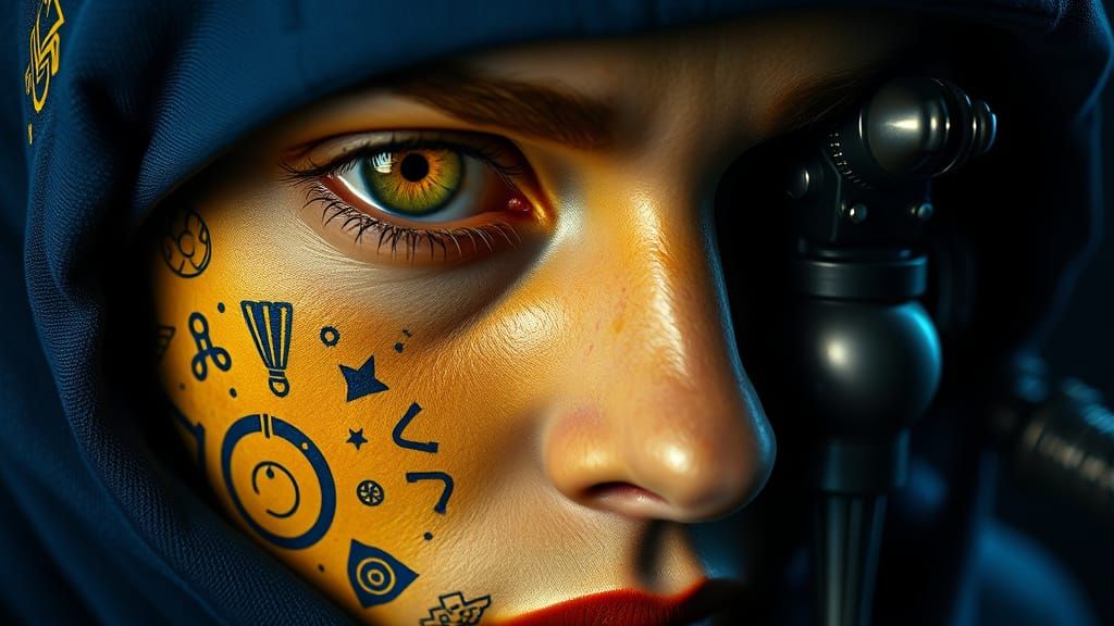 Stylized Face with Yellow and Mechanical Elements in Film No...