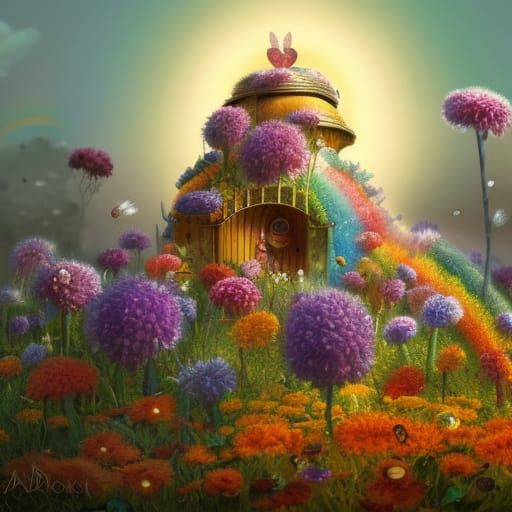 Fantastical Beehive Scene During Rainbow, Detailed Digital A...
