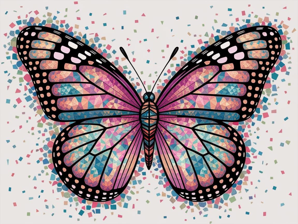 Colorful Butterfly with Mosaic Wings on Confetti Background
