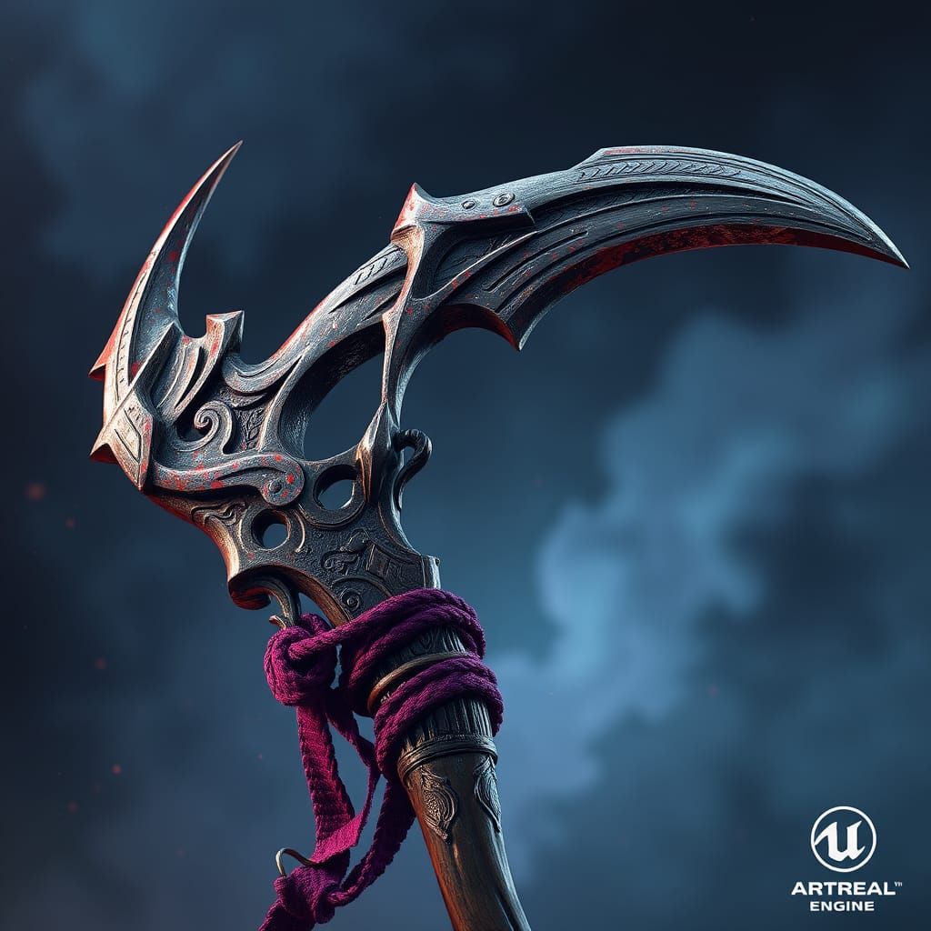 Fantastical Scythe with Intricate Details in Deep Colors