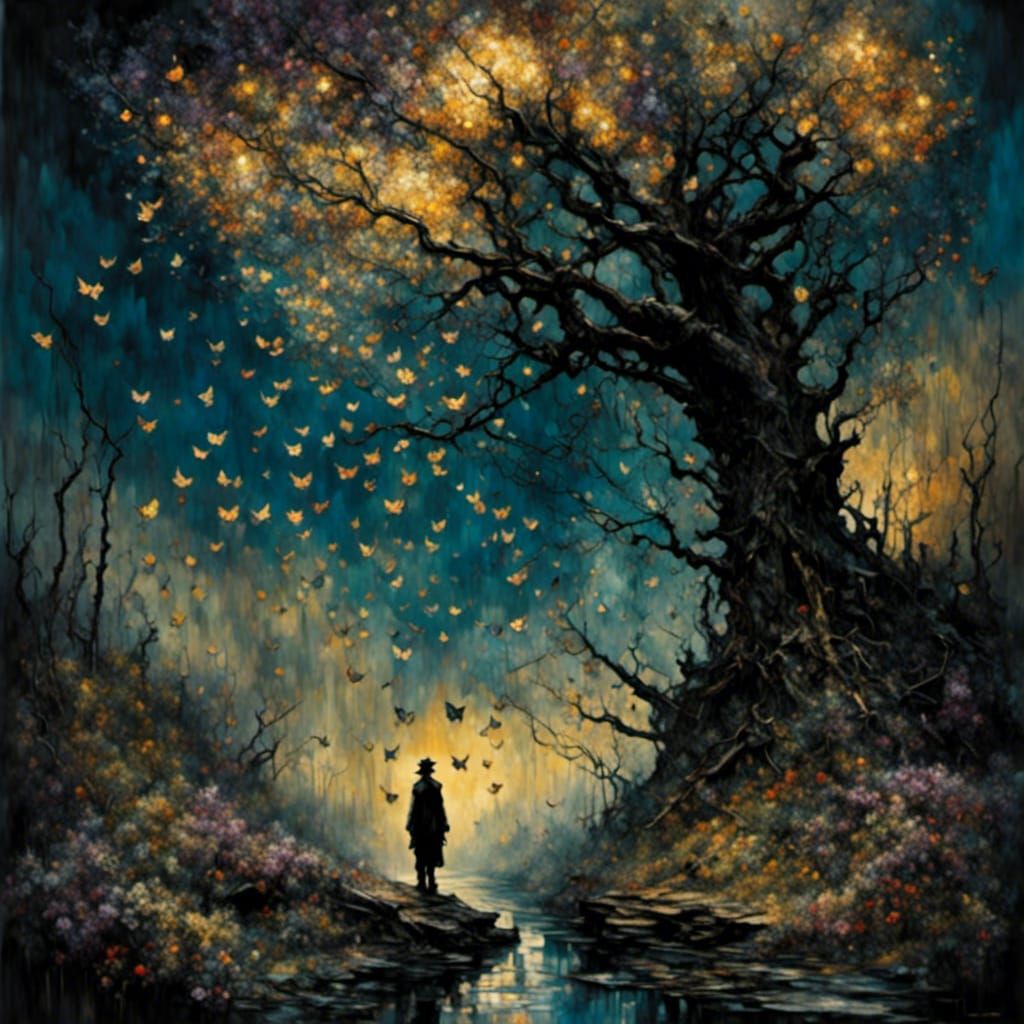 Moonlit Oak with Lilacs and Golden Fish